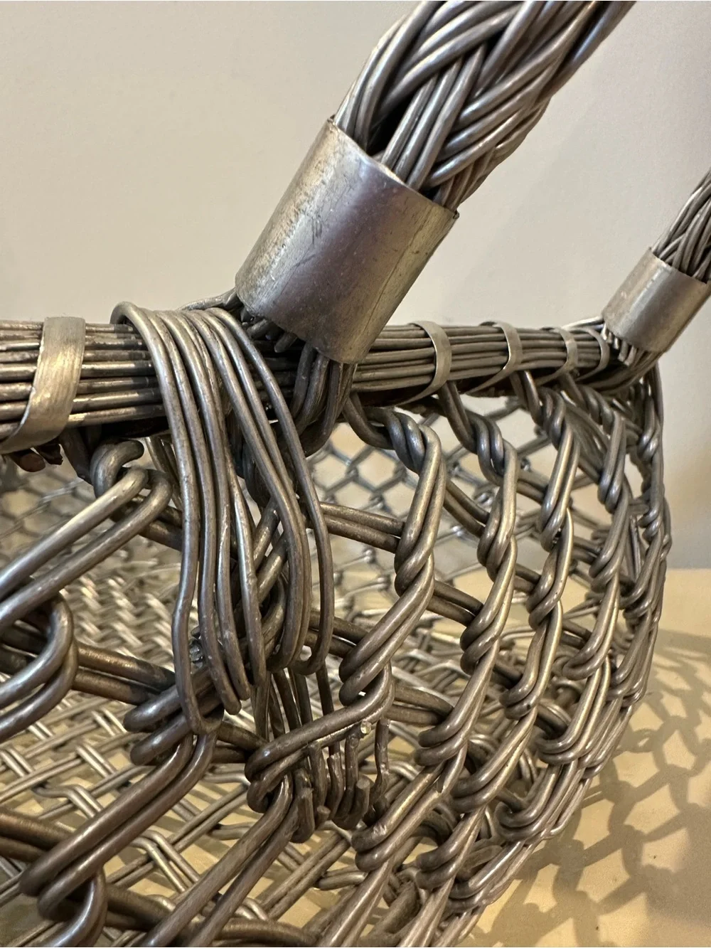 Vintage Hand Woven Mixed Metal Basket, Braided Wire Handles, Artisan Metalwork B